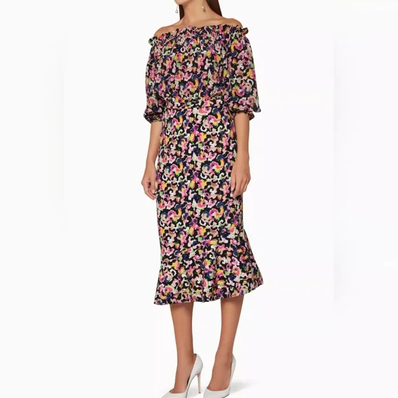 Saloni Multi-Colour Grace Dress Off-Shoulder Midi Dress Size 2 - Picture 1 of 14